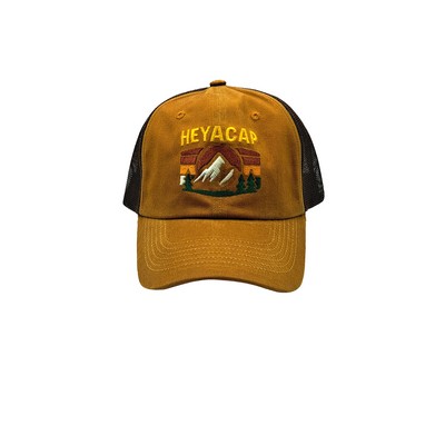 Heya custom made Retro Mountain Patch Mesh Back Trucker Hat Washed Cap