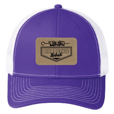 Port Authority C402 6-Panel Snapback Trucker Hat w/Leatherette Adhesive Patches or Embroidery